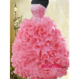 Unique Ball Gown Pink Strapless Beading Sequin Embellished Layered Ruffles Organza Cheap Prom Dresses Sale  PD-4218
